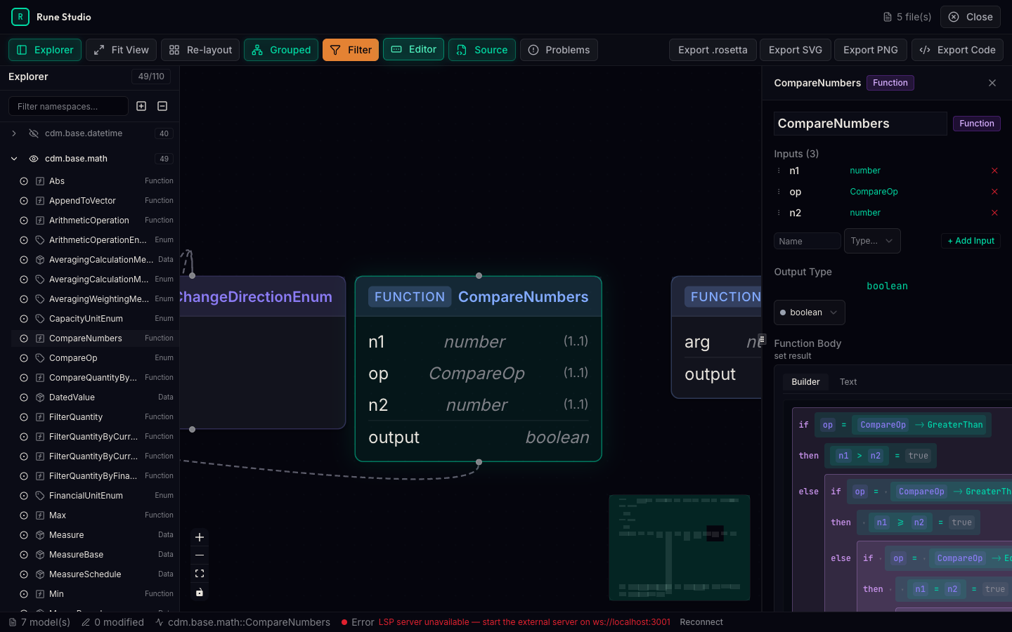 Rune Studio workspace showing graph view, form editor, and code editor working together